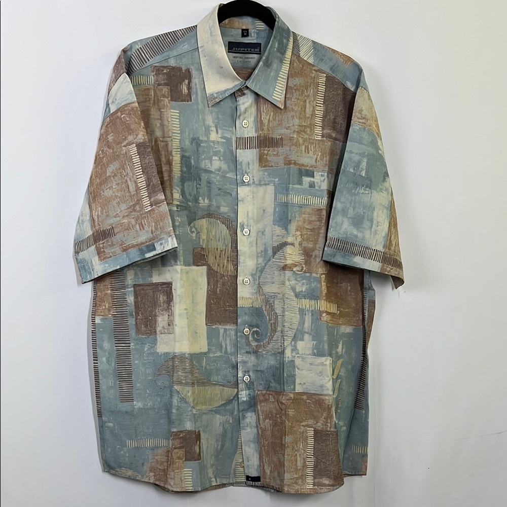 Jupiter Blue and Brown Casual Button Down Shirt 80s abstract print